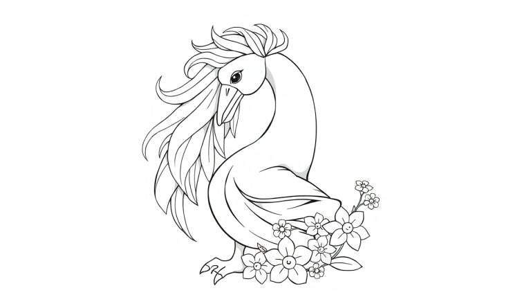 Um pássaro místico desenhado em preto e branco com um longo pescoço e uma crista ondulante, cercado por flores. O design deste color panel está pronto para ser pintado.