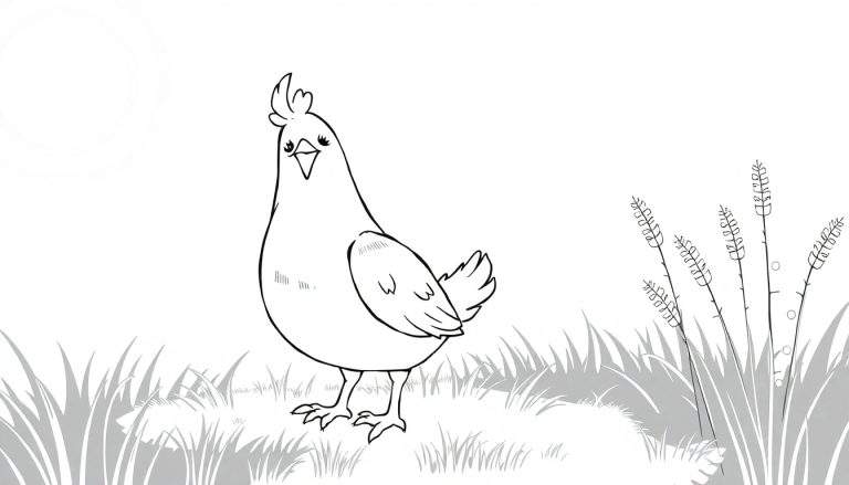 Desenho de linha em preto e branco de uma galinha rechonchuda com crista divertida e olhos adoráveis em um color panel.