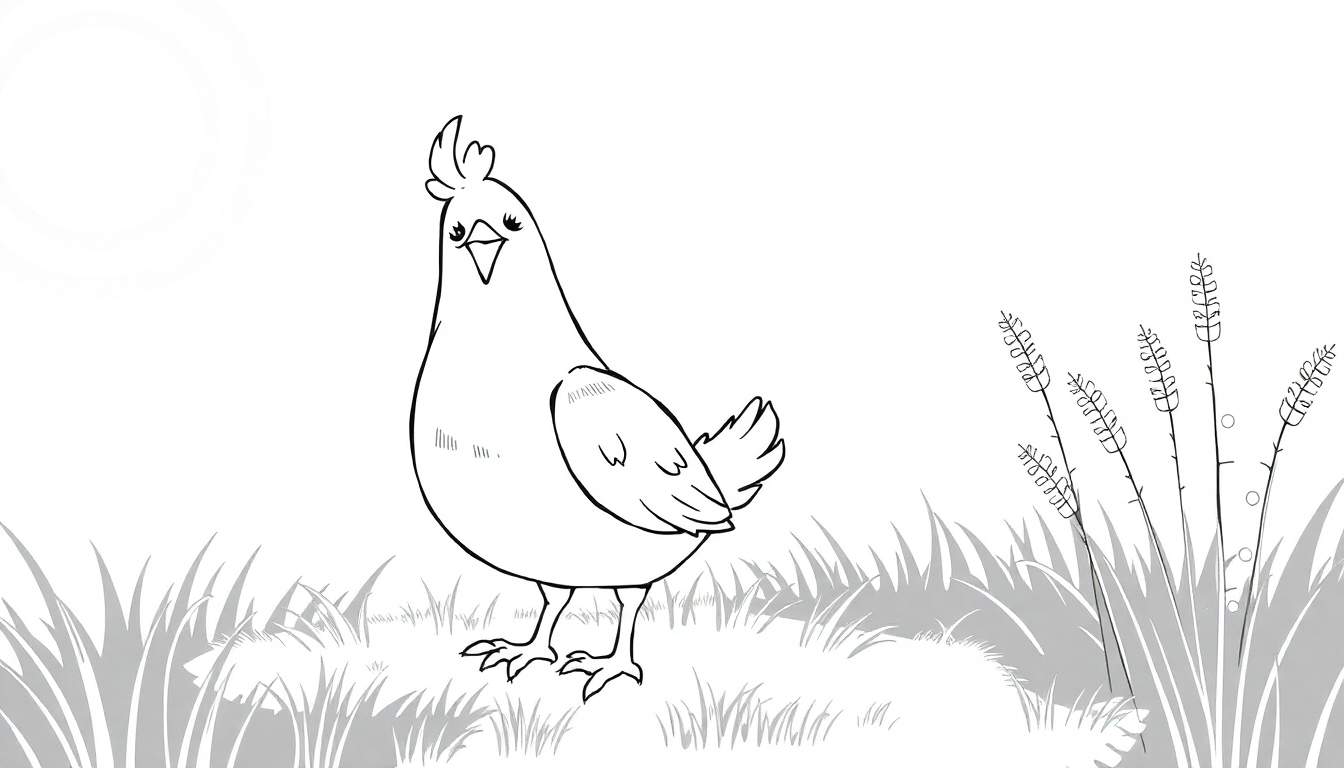 Desenho de linha em preto e branco de uma galinha rechonchuda com crista divertida e olhos adoráveis em um color panel.