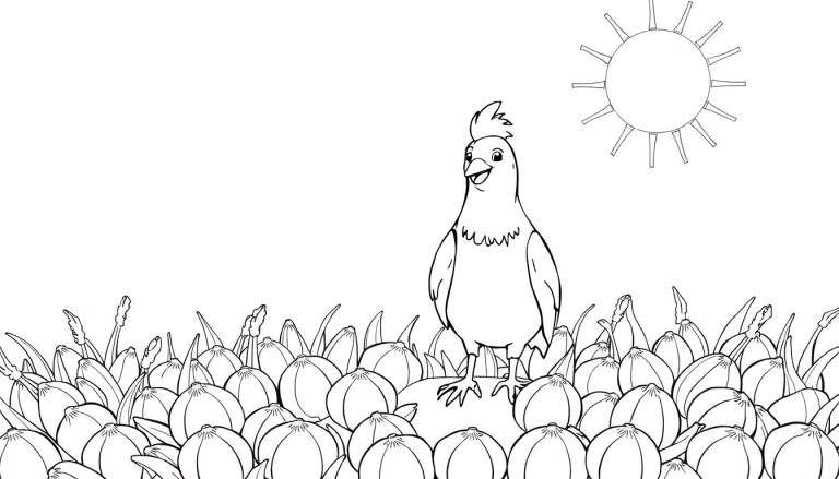 Um desenho a preto e branco de uma galinha sorridente com bolbos de tulipas e um sol brilhante, estilo color panel.
