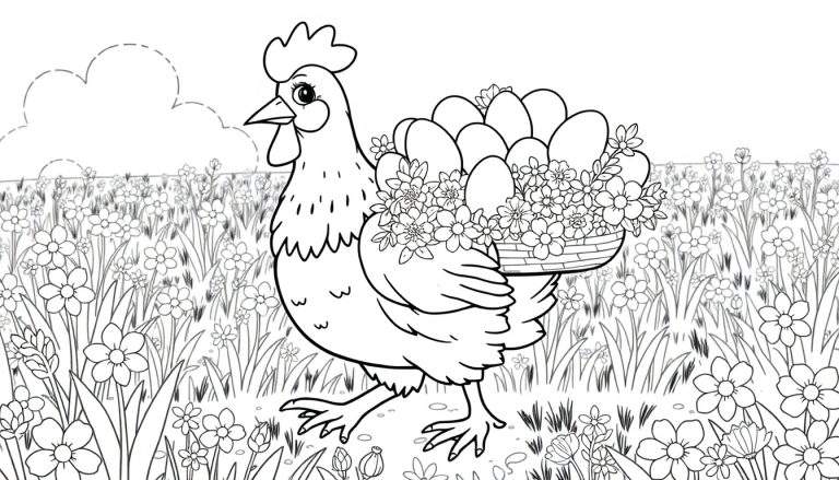 Galinha colorida com um cesto de ovos e flores nas costas em um campo florido, com nuvens no céu.