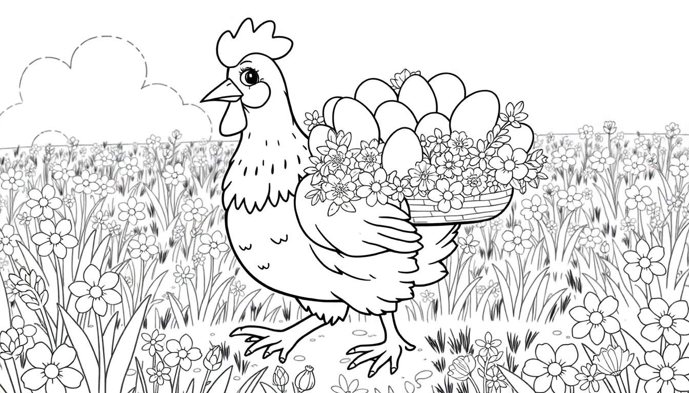 Galinha colorida com um cesto de ovos e flores nas costas em um campo florido, com nuvens no céu.