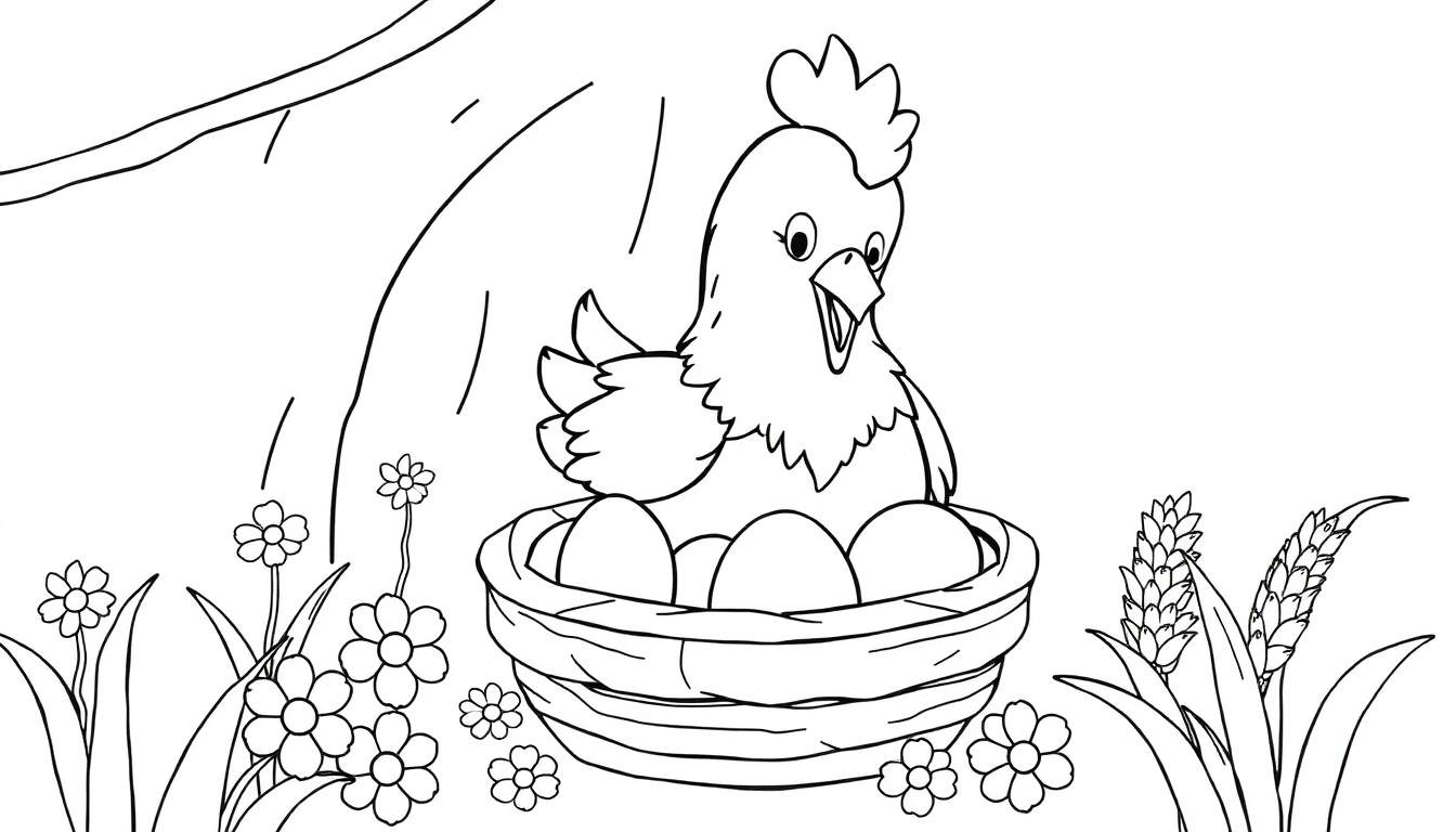 Desenho em preto e branco de uma galinha chocando ovos num ninho rodeado de flores.