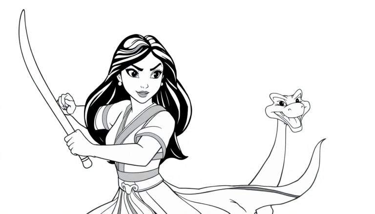 Ilustração em preto e branco de uma guerreira asiática com uma espada, ao lado de um dragão fofo, estilo livro de colorir. color panel.