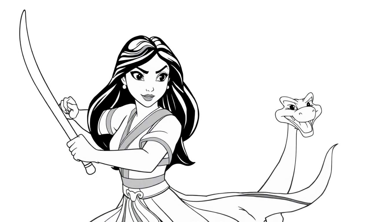 Ilustração em preto e branco de uma guerreira asiática com uma espada, ao lado de um dragão fofo, estilo livro de colorir. color panel.