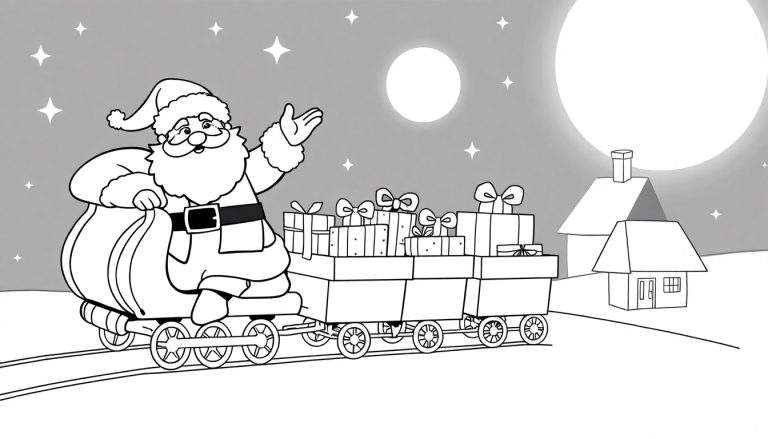 Desenho em preto e branco de Papai Noel em seu trenó cheio de presentes, puxado por uma via férrea, acenando alegremente. Uma lua grande e estrelas iluminam o céu acima de duas casas.