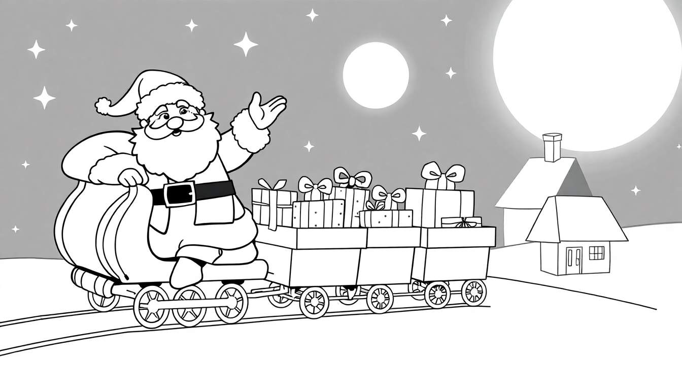 Desenho em preto e branco de Papai Noel em seu trenó cheio de presentes, puxado por uma via férrea, acenando alegremente. Uma lua grande e estrelas iluminam o céu acima de duas casas.