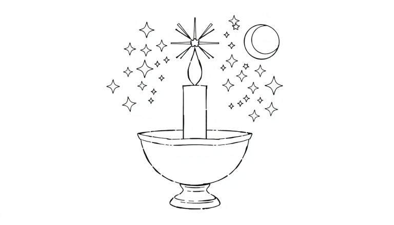 Uma vela acesa em um pedestal em forma de tigela, rodeada por um turbilhão de estrelas e uma lua crescente em um desenho tradicional em preto e branco. O color panel aqui é imaginário, mas cheio de luz.
