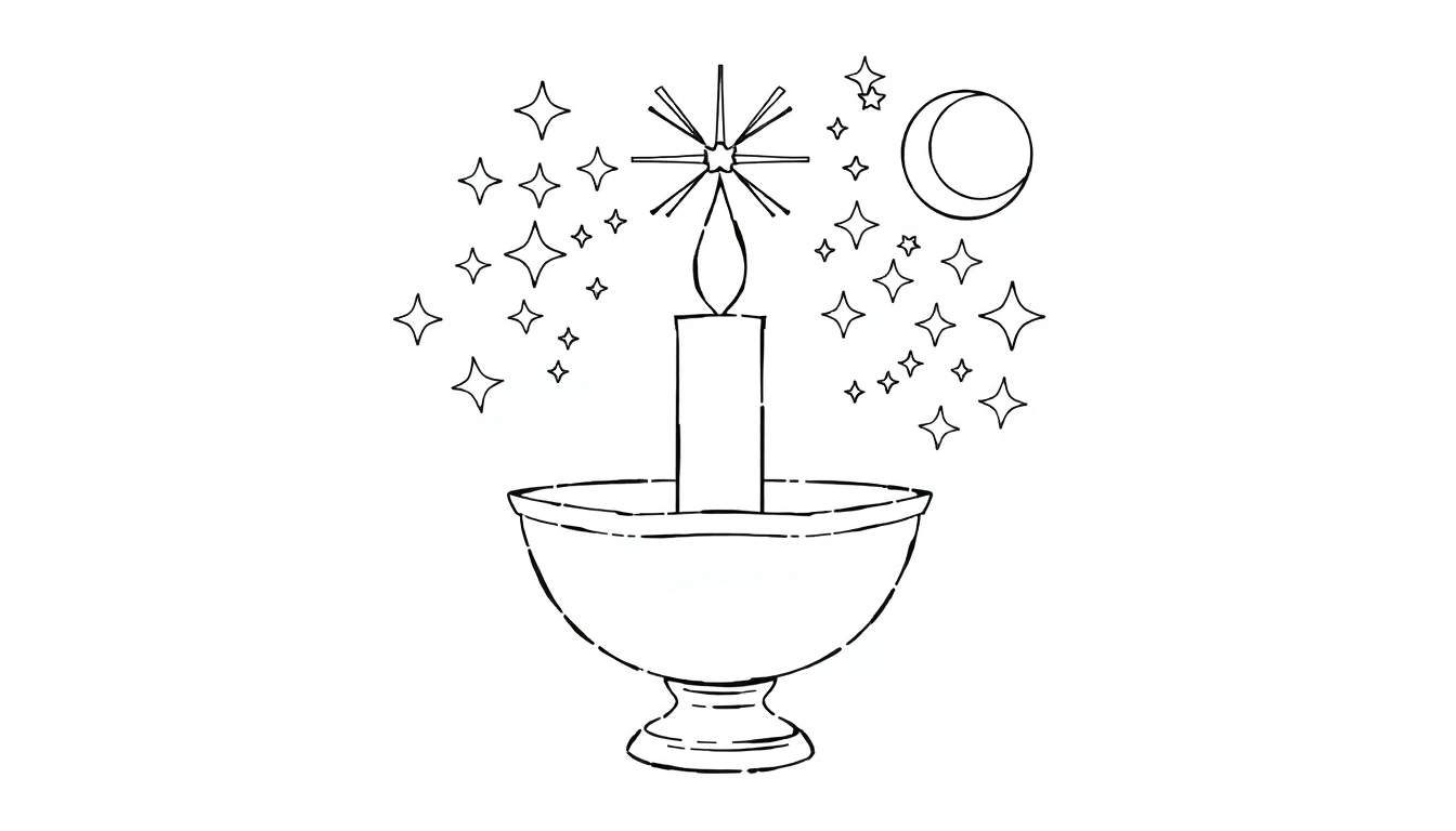 Uma vela acesa em um pedestal em forma de tigela, rodeada por um turbilhão de estrelas e uma lua crescente em um desenho tradicional em preto e branco. O color panel aqui é imaginário, mas cheio de luz.