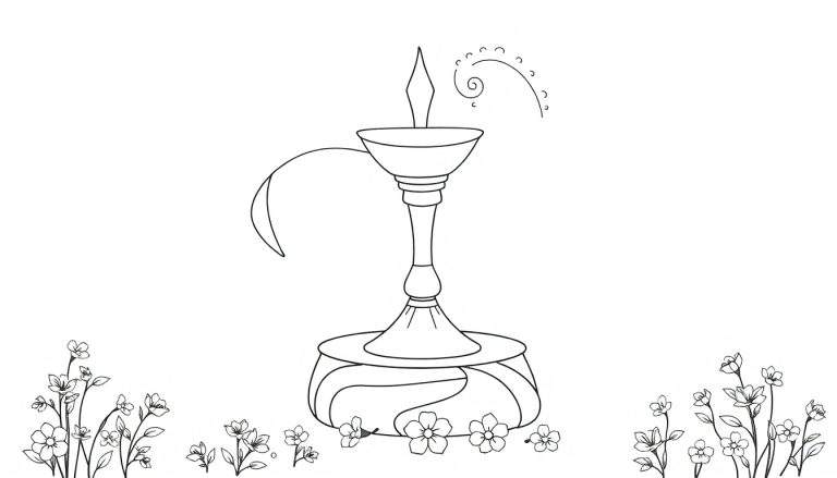 Um desenho linear de uma lamparina diya indiana em preto e branco, com um pavio fumegante e uma base decorada com flores, pronta para ser colorida.