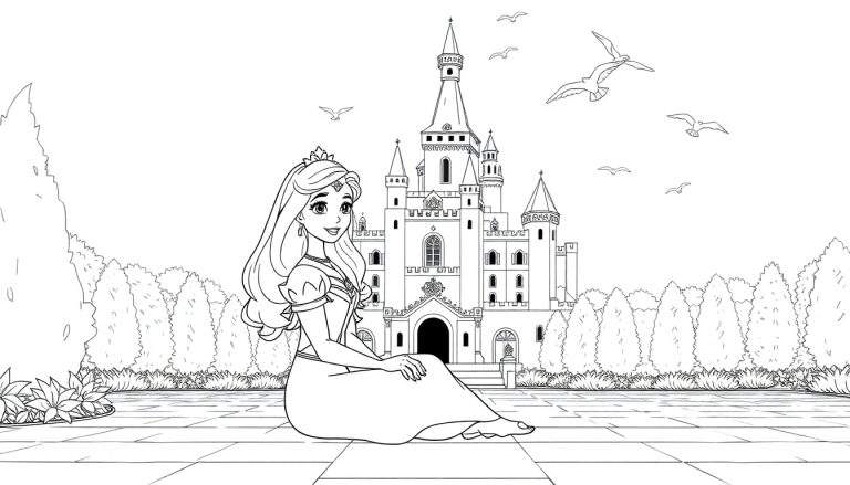 Desenho em preto e branco de uma princesa sentada em frente a um castelo, com árvores e gaivotas no céu. Color panel details present.