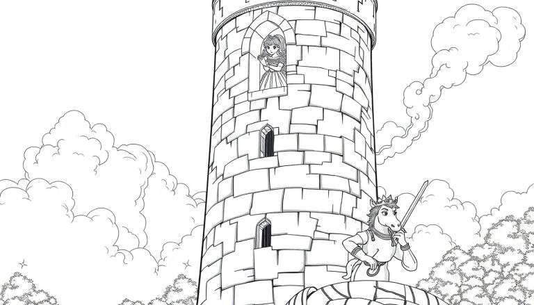 Ilustração de conto de fadas para colorir com uma princesa em uma torre, um cavalo com coroa e espada na base, nuvens fofas e vegetação densa. color panel.