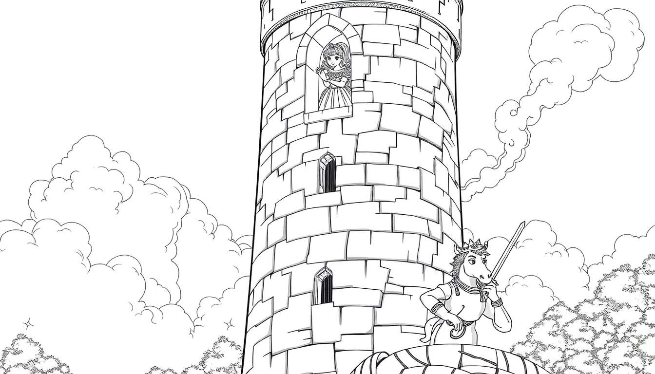 Ilustração de conto de fadas para colorir com uma princesa em uma torre, um cavalo com coroa e espada na base, nuvens fofas e vegetação densa. color panel.