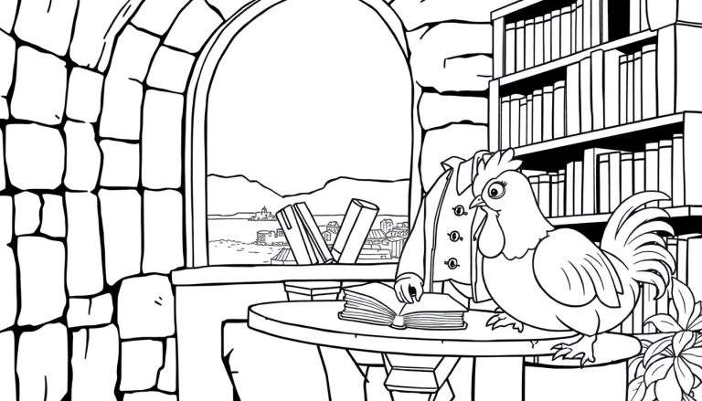 Um jovem aprendiz de feiticeiro e seu corvo em uma torre antiga cheia de livros.