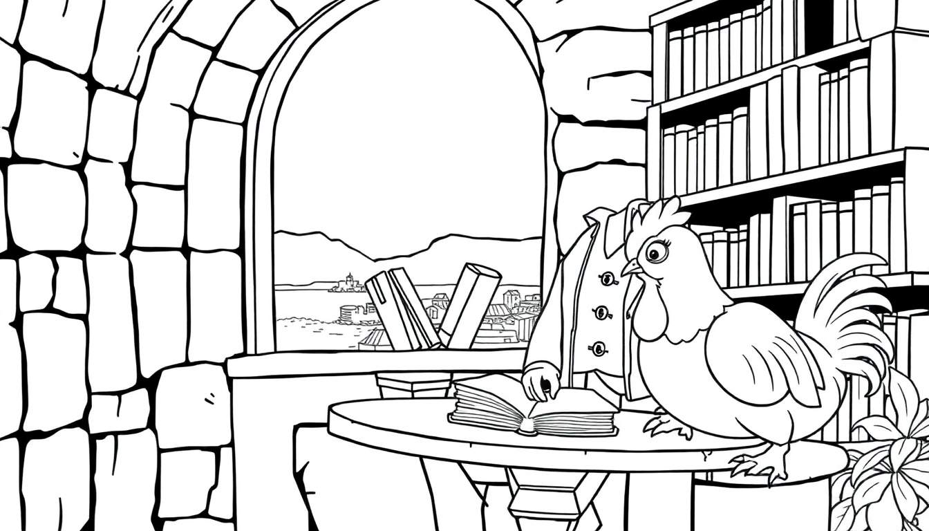 Um jovem aprendiz de feiticeiro e seu corvo em uma torre antiga cheia de livros.