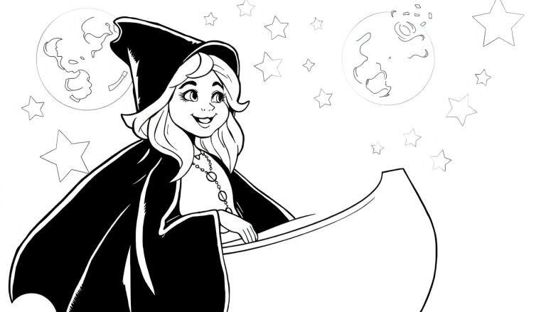 Desenho a preto e branco de uma bruxa sorridente num barco canoa sob duas luas cheias e estrelas, usando um chapéu pontudo e um manto.