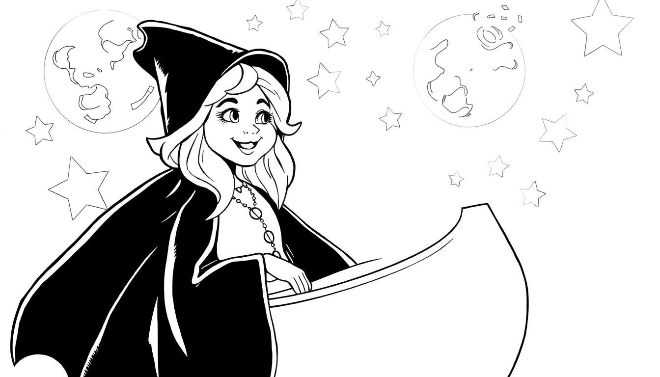 Desenho a preto e branco de uma bruxa sorridente num barco canoa sob duas luas cheias e estrelas, usando um chapéu pontudo e um manto.