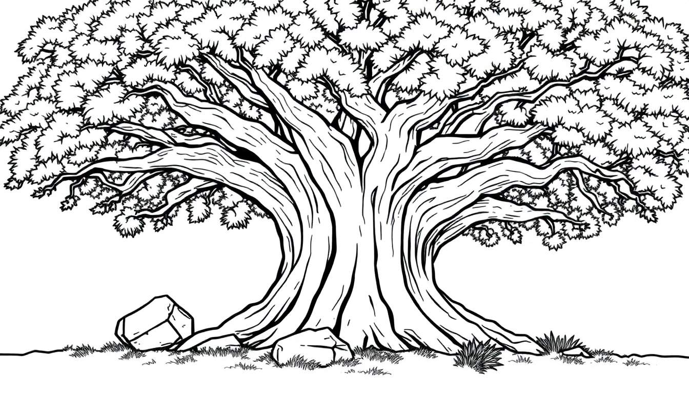 Uma árvore robusta em preto e branco, com um tronco grosso e muitos galhos cheios de folhas, pedras e grama na base. Um color panel imaginário está pronto para ganhar vida.