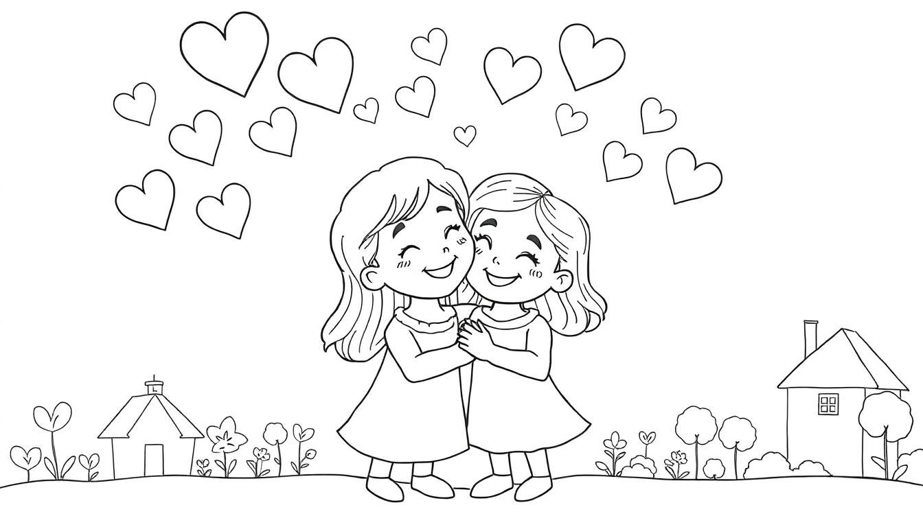 Duas meninas sorrindo e abraçadas em um campo florido, com corações flutuando. Painel de colorir com tema de Dia dos Namorados.