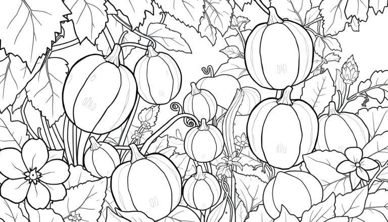 Ilustração em linha de abóboras e flores com um painel de cores vibrantes.