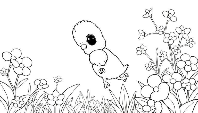 Um pintinho fofo e rechonchudo flutua sobre um campo de flores e grama alta, pronto para ser colorido. Este color panel permite que as crianças liberem sua criatividade.