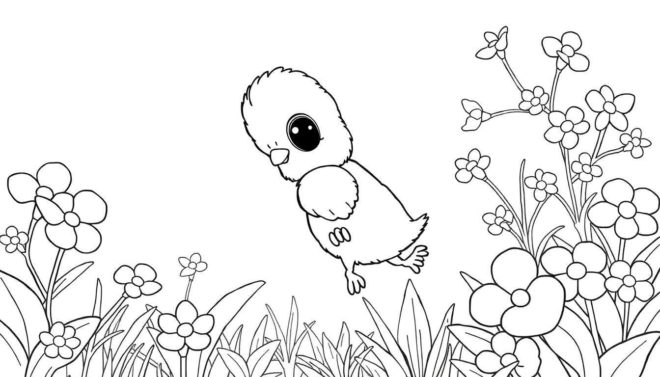 Um pintinho fofo e rechonchudo flutua sobre um campo de flores e grama alta, pronto para ser colorido. Este color panel permite que as crianças liberem sua criatividade.