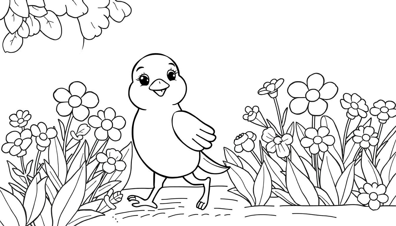 Desenho em preto e branco de um pássaro fofo andando em um jardim florido, pronto para colorir.