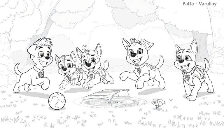 Um color panel com cinco cachorrinhos de desenho animado correndo em um parque gramado com árvores e um lago.