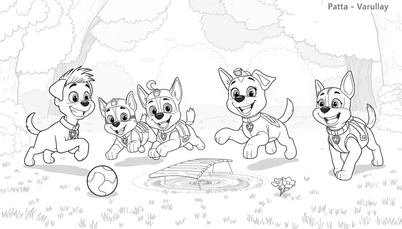 Um color panel com cinco cachorrinhos de desenho animado correndo em um parque gramado com árvores e um lago.