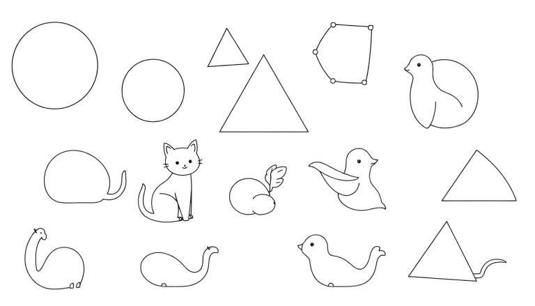 Uma coleção de desenhos simples em preto e branco de formas geométricas e animais estilizados, como círculos, triângulos, pássaros, caracóis e dinossauros, em um color panel.