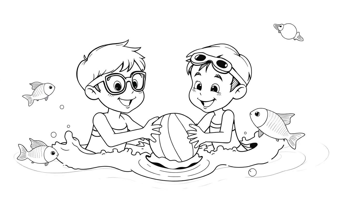 Dois garotos jogam bola na água, um usa óculos e o outro óculos de natação. Peixes nadam perto deles e um pássaro está no céu. Desenho em preto e branco, com um color panel que adiciona um toque de cor. Um color panel divertido para as crianças!