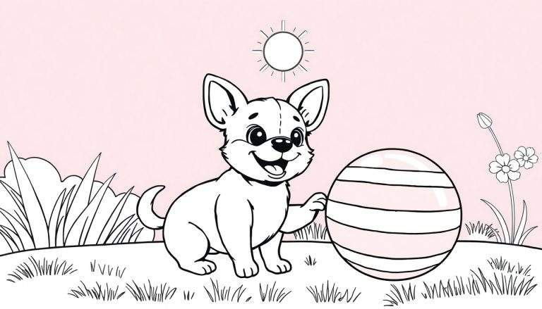 Um filhote fofo com uma bola em um gramado ensolarado, sob um céu rosa claro. O filhote está rindo e tem uma pata na bola listrada.