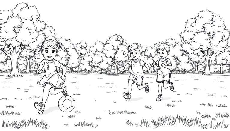 Um color panel vibrante de crianças a jogar futebol num parque soalheiro.