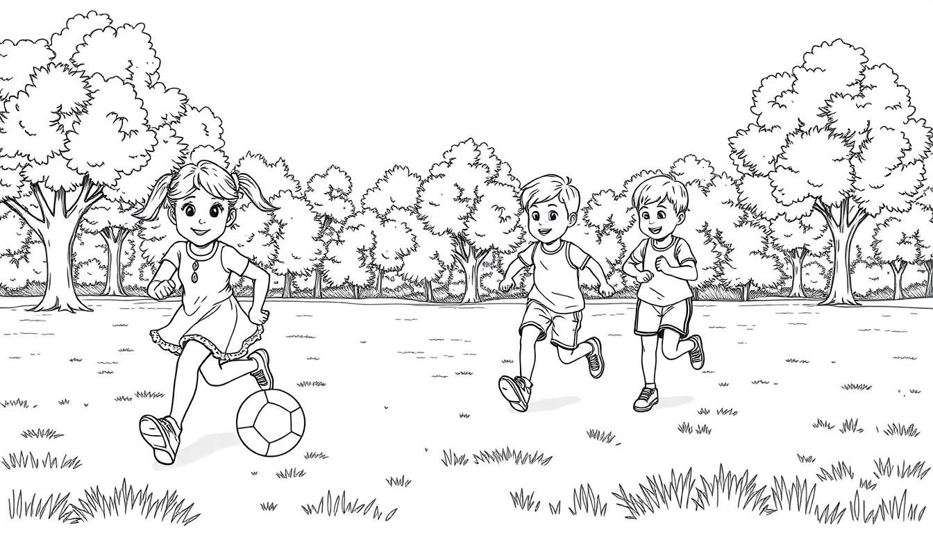 Um color panel vibrante de crianças a jogar futebol num parque soalheiro.