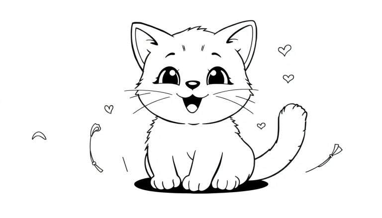 Um gato de desenho animado fofo sorrindo com grandes olhos brilhantes, brincando com pedaços de brinquedos e corações flutuantes. Ele tem bigodes longos e o pelo parece fofo. Uma sombra escura está embaixo dele.