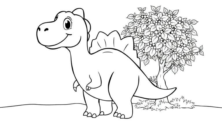 Um desenho de contorno de um dinossauro amigável de desenho animado, parecido com um estegossauro infantil, sorri ao lado de uma árvore frutífera cheia de frutas redondas, num estilo de livro para colorir. O dinossauro está numa pequena colina com grama. color panel.