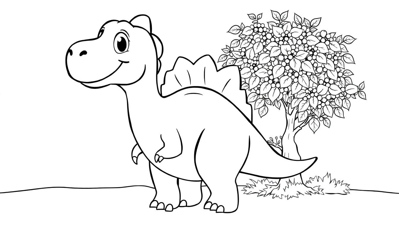 Um desenho de contorno de um dinossauro amigável de desenho animado, parecido com um estegossauro infantil, sorri ao lado de uma árvore frutífera cheia de frutas redondas, num estilo de livro para colorir. O dinossauro está numa pequena colina com grama. color panel.