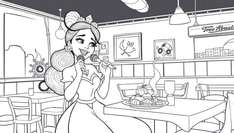 Desenho em preto e branco de uma mulher sorridente cantando em um restaurante, segurando microfones e com um prato de comida na mesa. Inclui a frase 'Teeo About' na placa.