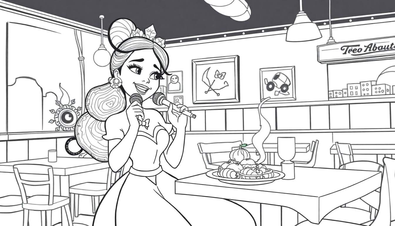 Desenho em preto e branco de uma mulher sorridente cantando em um restaurante, segurando microfones e com um prato de comida na mesa. Inclui a frase 'Teeo About' na placa.