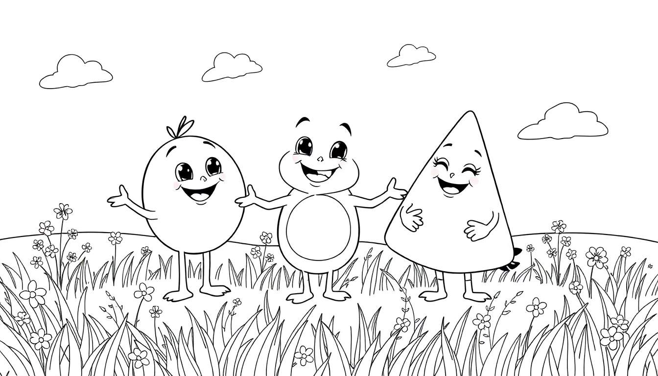 Três formas geométricas antropomórficas amigáveis, um círculo, um quadrado e um triângulo, brincando em um campo gramado com flores. Cada figura tem um rosto sorridente e braços e pernas estendidos. O céu tem nuvens. O color panel convida a adicionar cor.