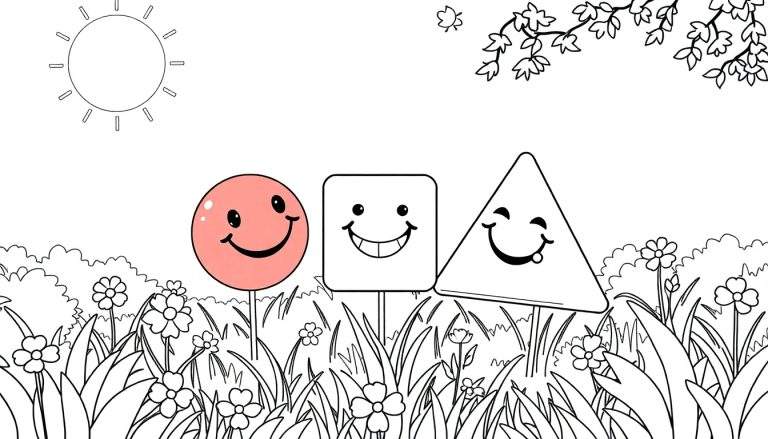 Um círculo, um quadrado e um triângulo com rostos sorridentes em um campo florido sob um sol radiante, ilustração para colorir.