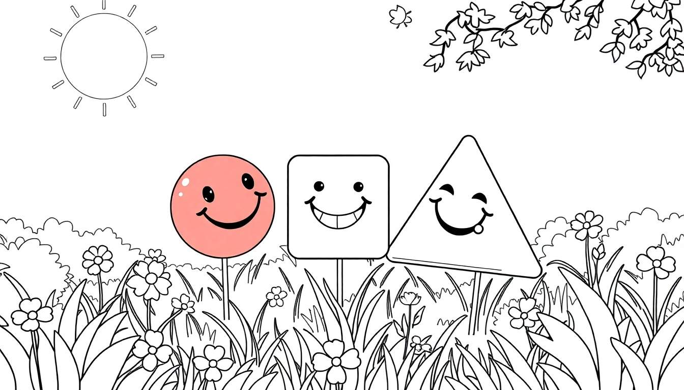 Um círculo, um quadrado e um triângulo com rostos sorridentes em um campo florido sob um sol radiante, ilustração para colorir.
