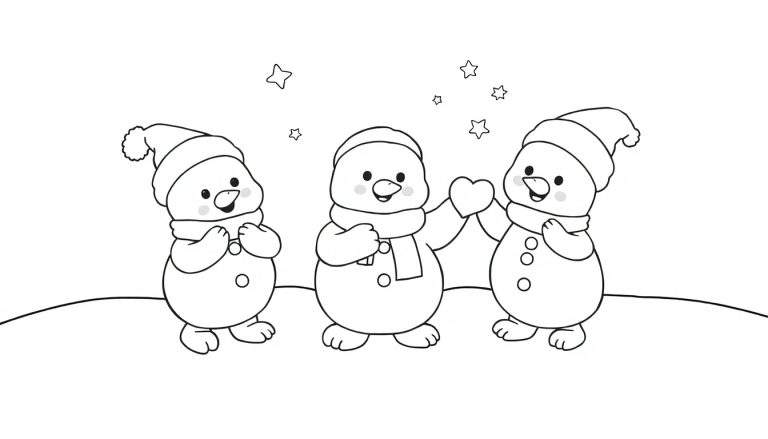 Três bonecos de neve felizes em um campo nevado sob um céu estrelado para colorir.