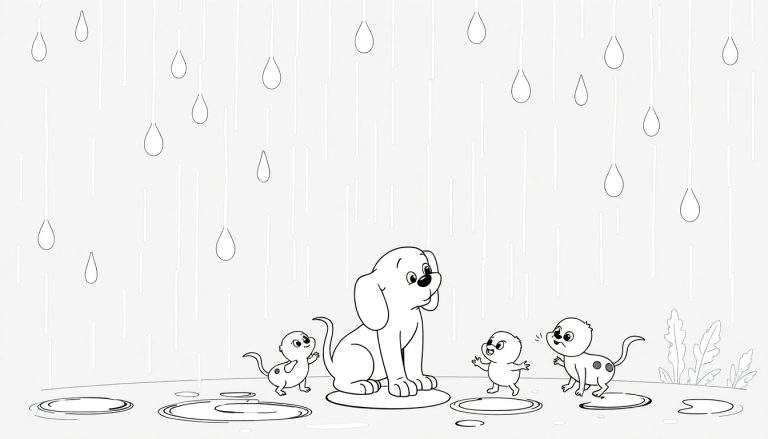 Um cão grande e três filhotes brincando em poças de chuva em uma pequena ilha.