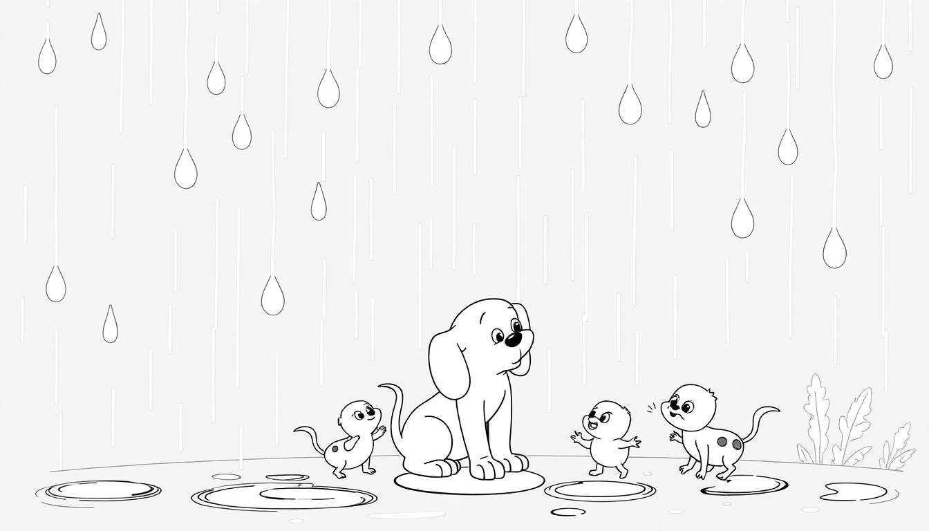 Um cão grande e três filhotes brincando em poças de chuva em uma pequena ilha.