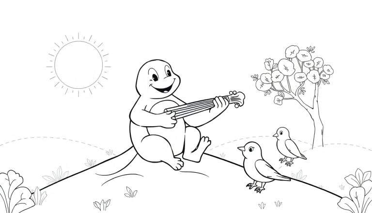Um monstro sorridente de desenho animado em preto e branco toca ukulele numa colina para dois pássaros. Um sol desenhado está no canto superior esquerdo. Este color panel é perfeito para colorir.