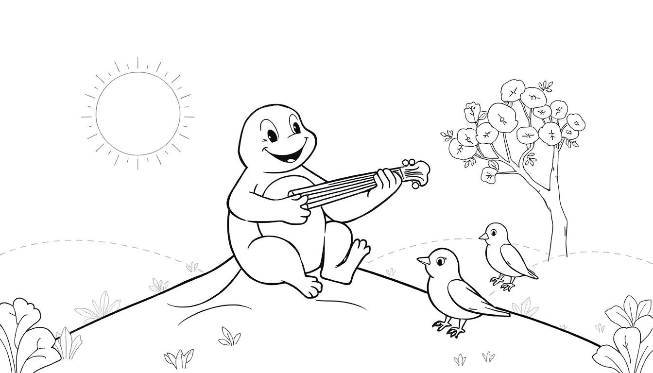 Um monstro sorridente de desenho animado em preto e branco toca ukulele numa colina para dois pássaros. Um sol desenhado está no canto superior esquerdo. Este color panel é perfeito para colorir.