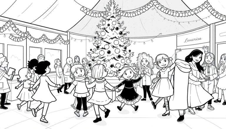 Desenho a preto e branco de crianças a dançar em círculo à volta de uma árvore de Natal decorada, com adultos a observar. A cena tem grinaldas e luzes, sugerindo uma atmosfera festiva. Este color panel está pronto para ser pintado!