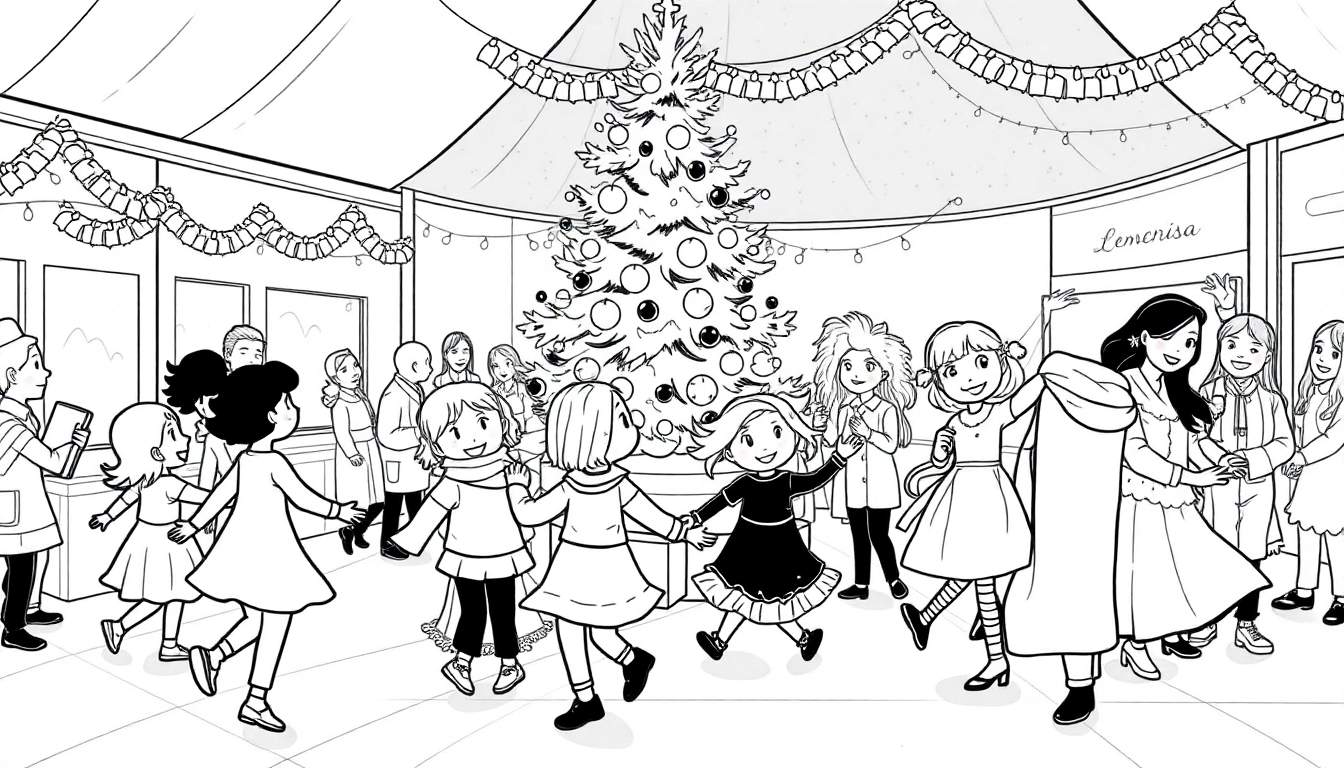 Desenho a preto e branco de crianças a dançar em círculo à volta de uma árvore de Natal decorada, com adultos a observar. A cena tem grinaldas e luzes, sugerindo uma atmosfera festiva. Este color panel está pronto para ser pintado!