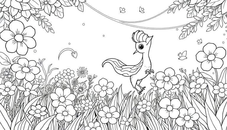 Um desenho para colorir de um cenário de natureza vibrante com flores, grama e um pássaro animado.